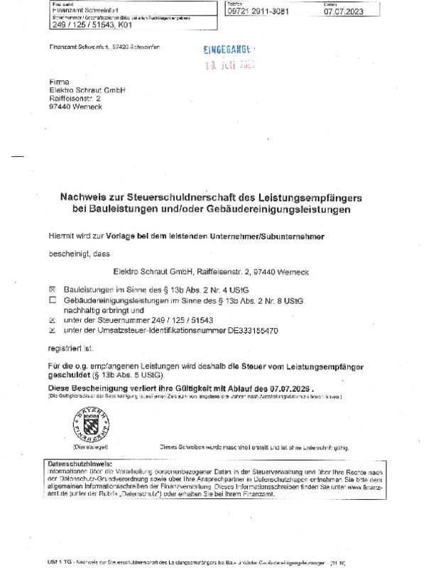 Steuerschuldnerschaft bei Elektro Schraut GmbH in Essleben